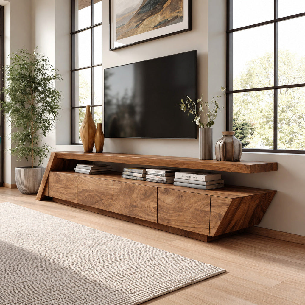 TV Stand, Modern Geometric Mid Century Solid Wood Media Console