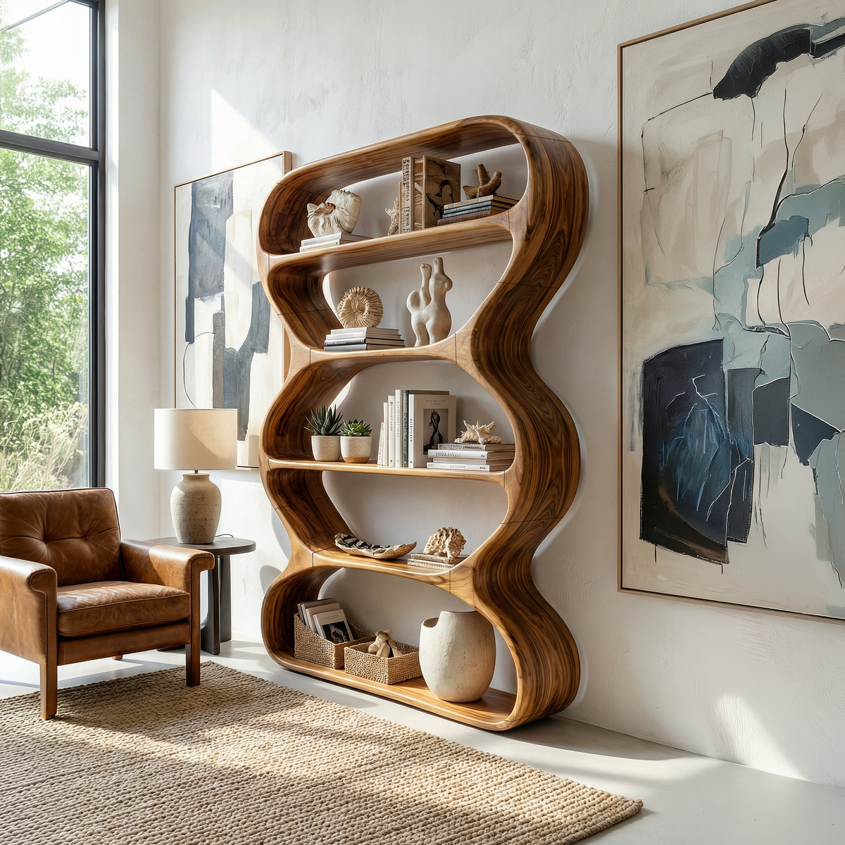 Contemporary Curved Wood Bookshelf, Handcrafted Artistic Solid Wooden Bookshelf and Floating Display Rack for Living Room Decor