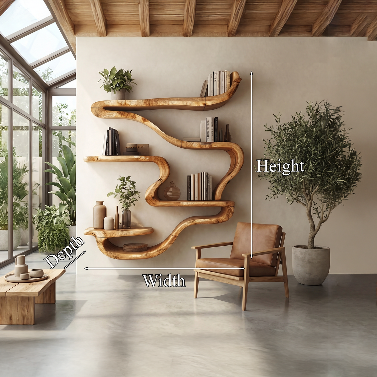 Wall Mounted Bookshelf, Organic Curved Wood Shelf for Reading Room