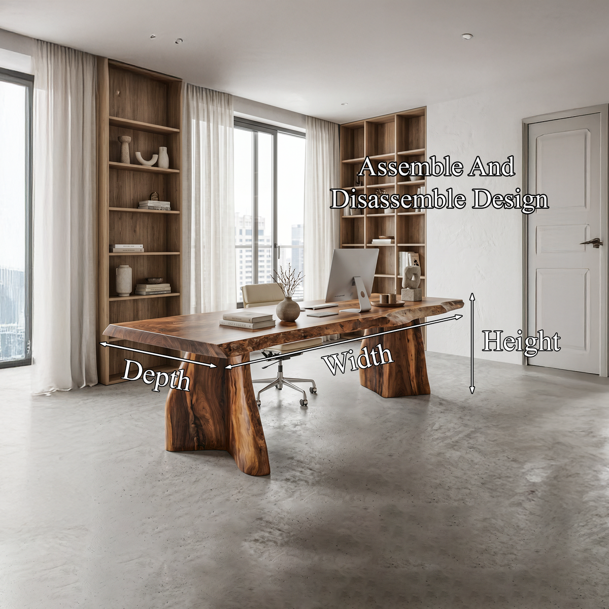Live Edge Executive Desk, Rustic Solid Wood Desk with Sculptural Base