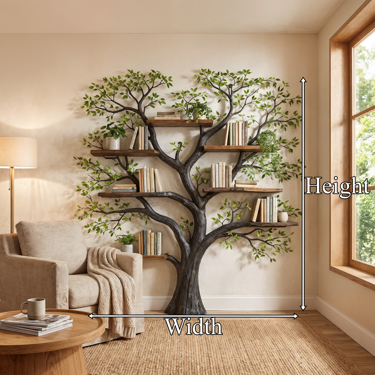 Wall Mounted Tree Bookcase, Floating Branch Display Shelf in Wood