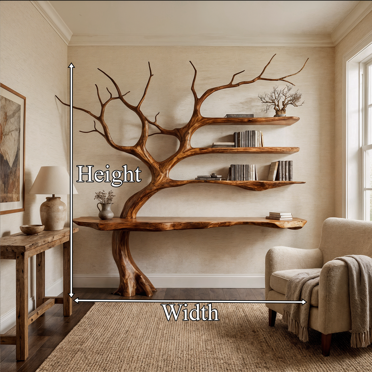 Tree Branch Console Table, Sculptural Solid Wood with Display Shelves
