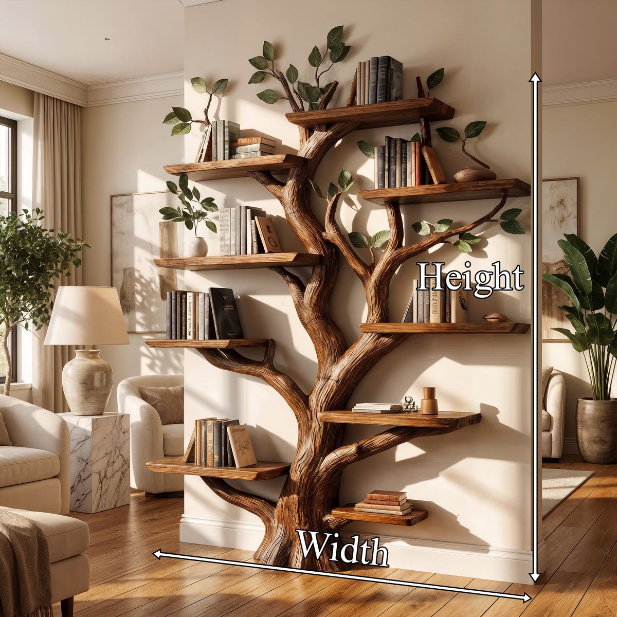 Tree Bookshelf, Large Rustic Solid Hardwood for Living or Study Room