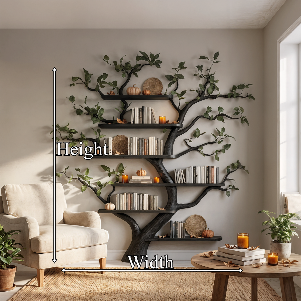 Tree Bookshelf, Mid Century Wall Mounted Solid Wood with Faux Leaves