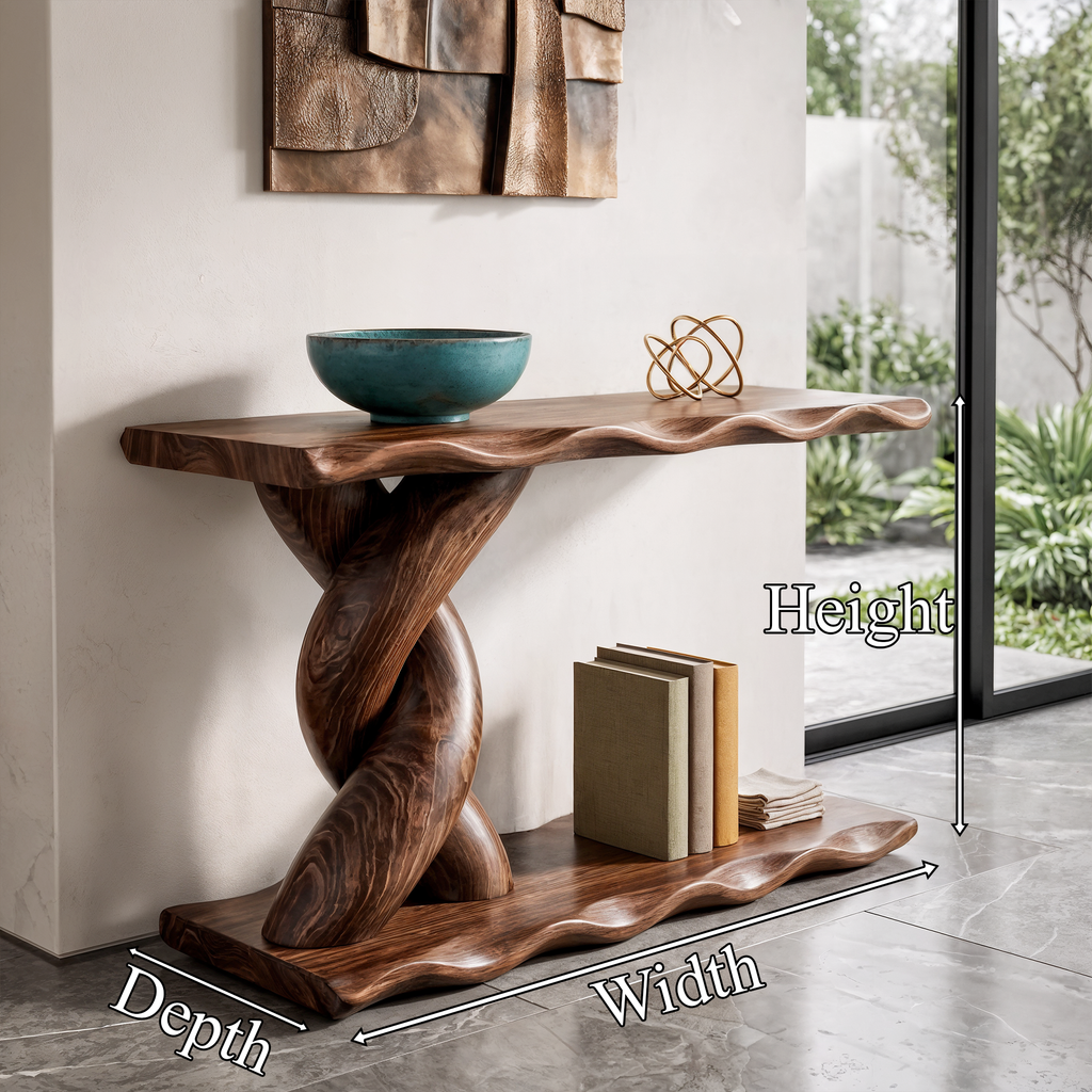 Contemporary Console Table With Spiral Base And Lower Display Shelf For Living Room