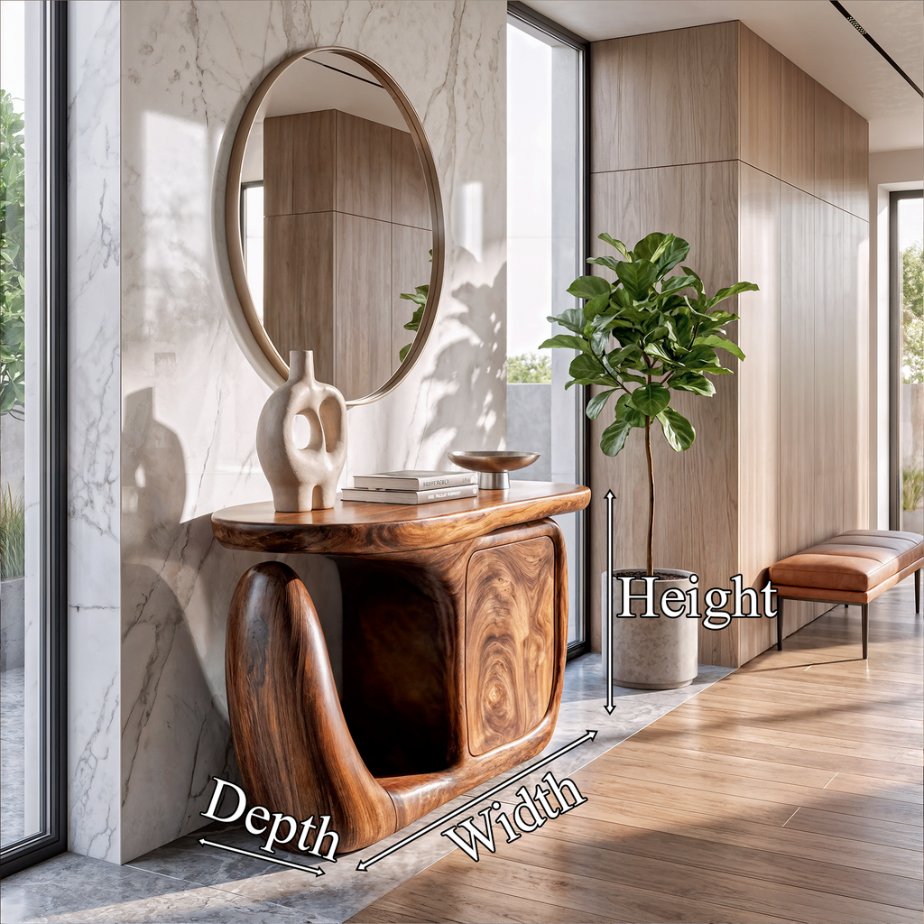 Contemporary Console Table With Sculptural Base And Storage For Entryway