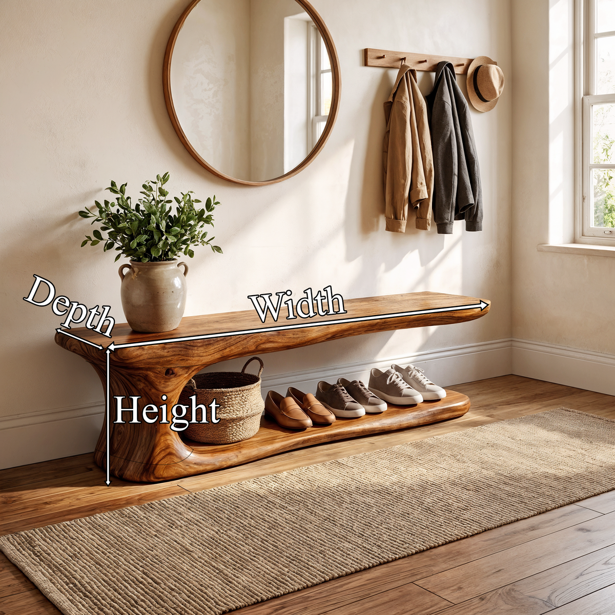 Entryway Shoe Bench, Rustic Live Edge Solid Wood Storage Seat