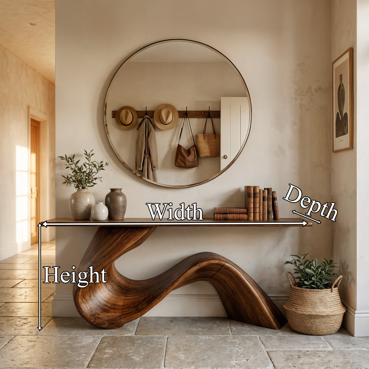 Console Table, Flowing Sculpted Solid Wood Entryway and Hallway Table