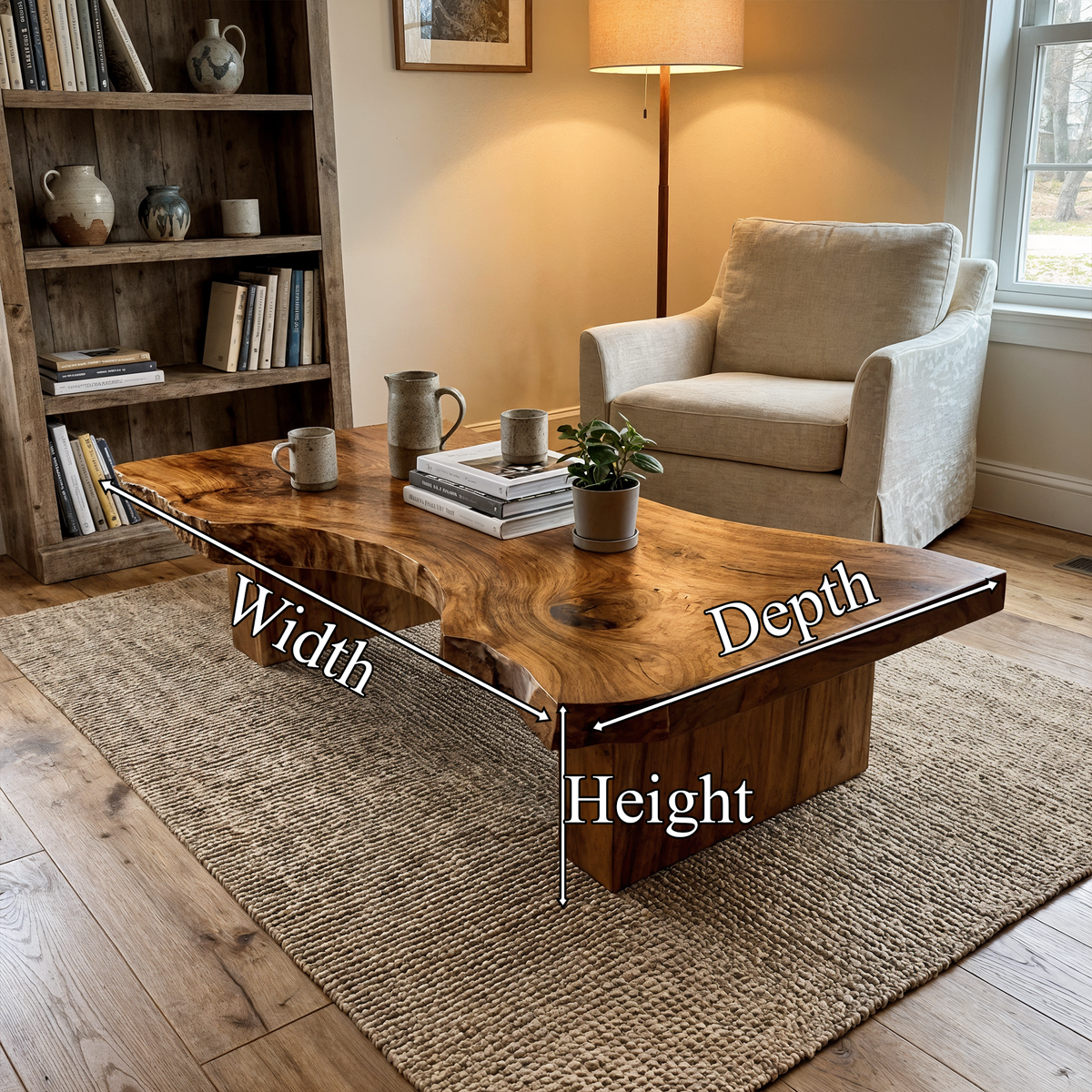 Live Edge Coffee Table, Rustic Sculptural Solid Wood Slab Centerpiece
