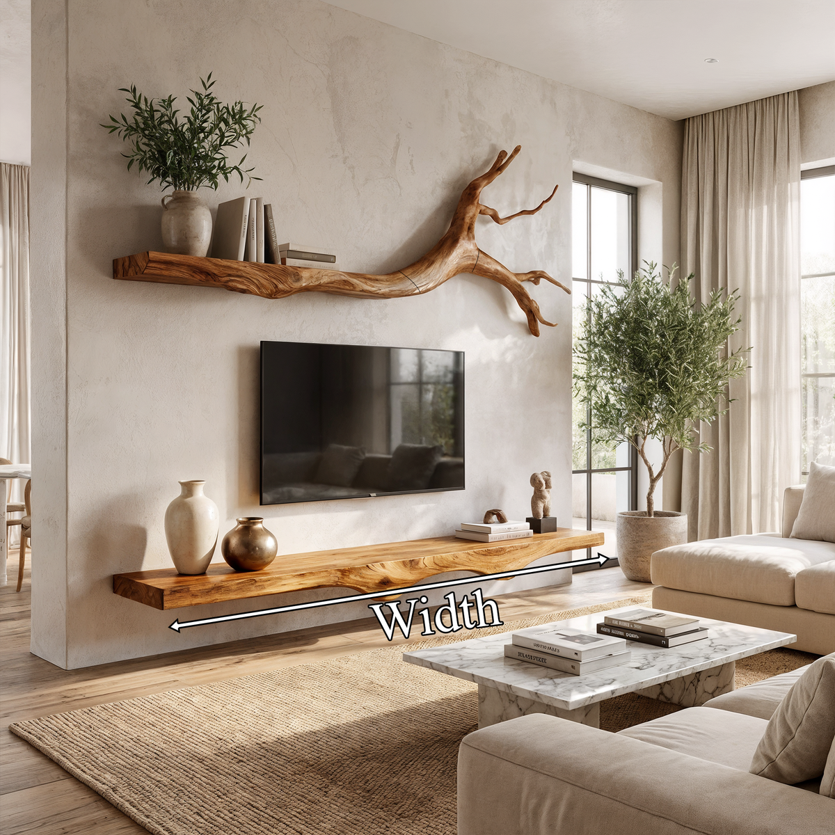 Floating TV Console Set of 2, Rustic Solid Wood Wall Media Shelves