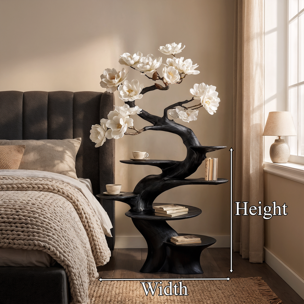 Sculptural Wood Nightstand, Organic Modern Floor Display Shelf