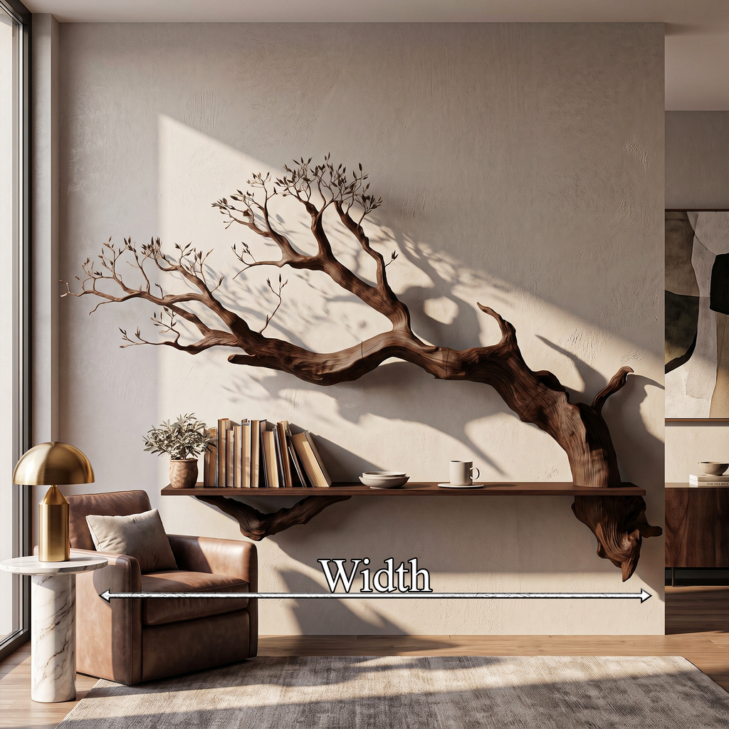 Branch Floating Shelf, Rustic Slab Wood with Sculpted Tree Accent