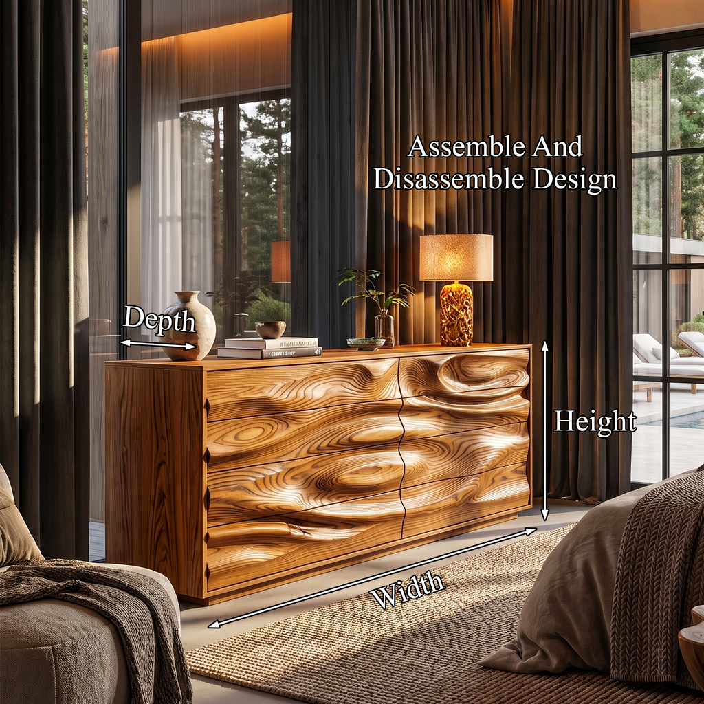 Contemporary Wooden Dresser With Sculpted Ripple Drawers For Bedroom