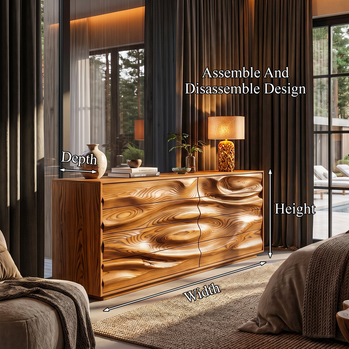 Contemporary Wooden Dresser With Sculpted Ripple Drawers For Bedroom
