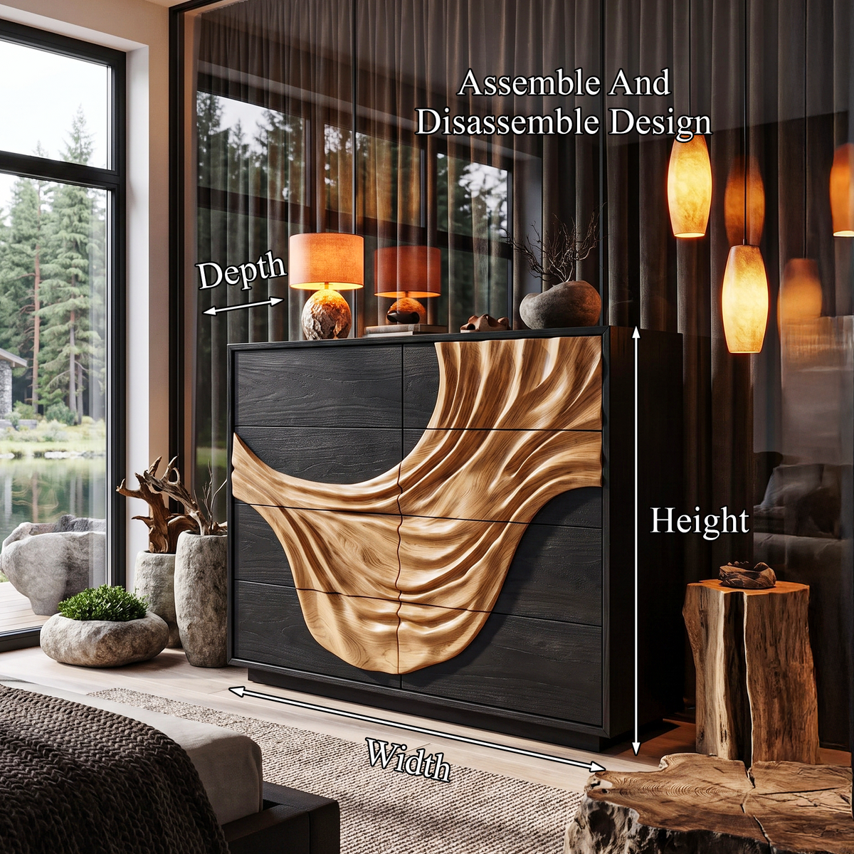 Contemporary Black Dresser With Strong Linear Detailing For Bedroom
