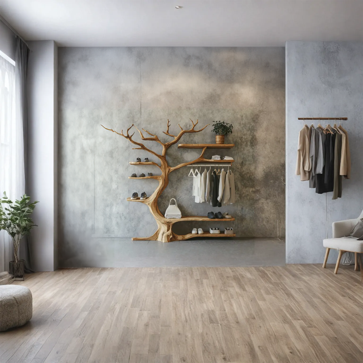 Tree Branch Coat and Shoe Rack, Rustic Wood Entryway Organizer