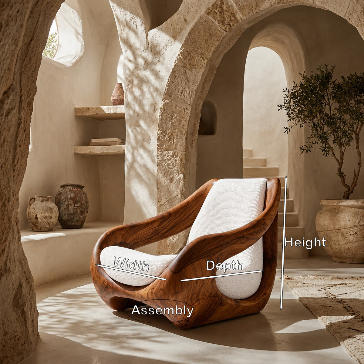 Sculptural Accent Chair, Solid Wood Lounge Armchair for Living Room