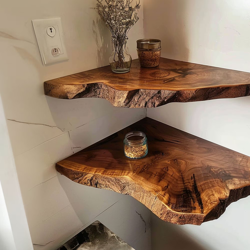 Floating Corner Shelf Dark Brown Wood Wall Shelf for Small Spaces