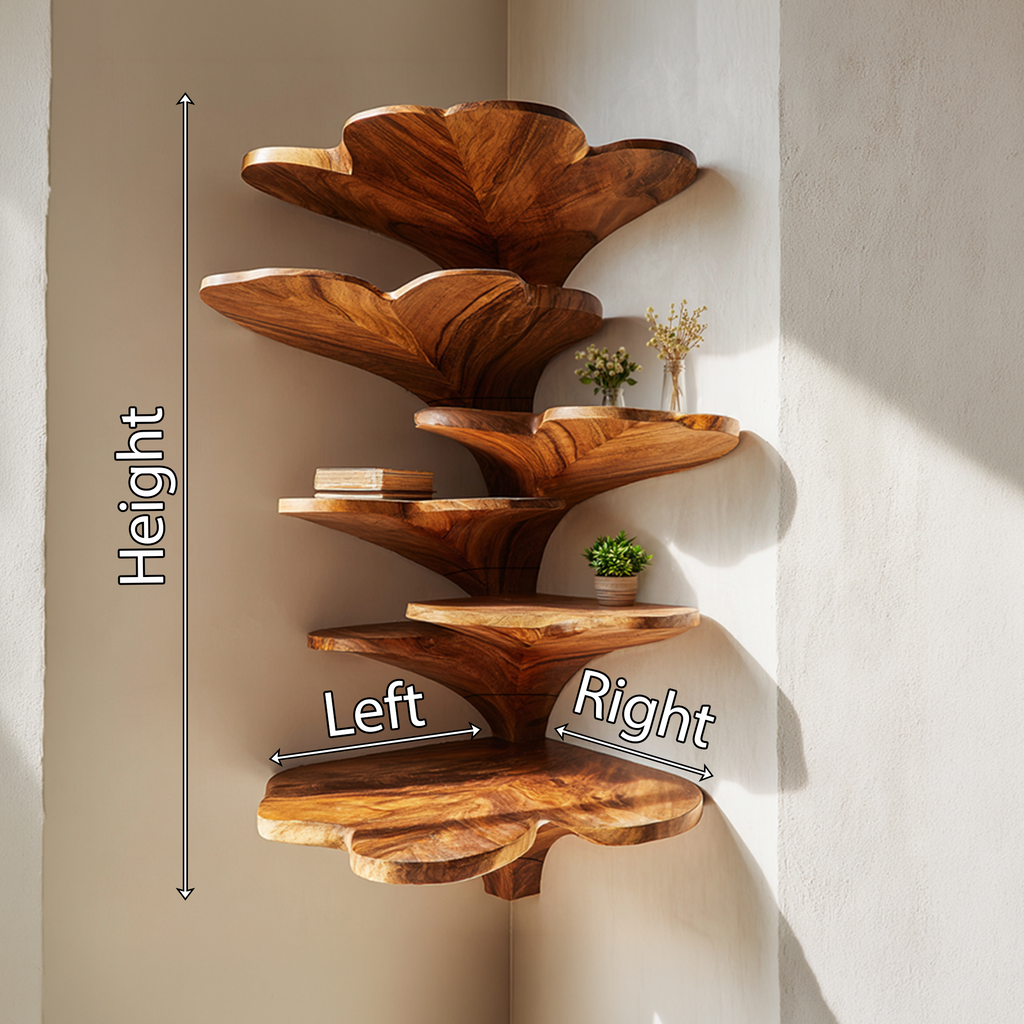 Boho Leaf Shaped Wooden Corner Shelf, Handcrafted Floating Tiered Wall Mounted Display Rack for Kids Nursery & Bedroom Decor