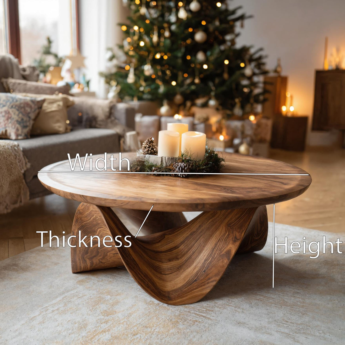 Round Coffee Table, Sculptural Solid Wood Low Table for Living Room