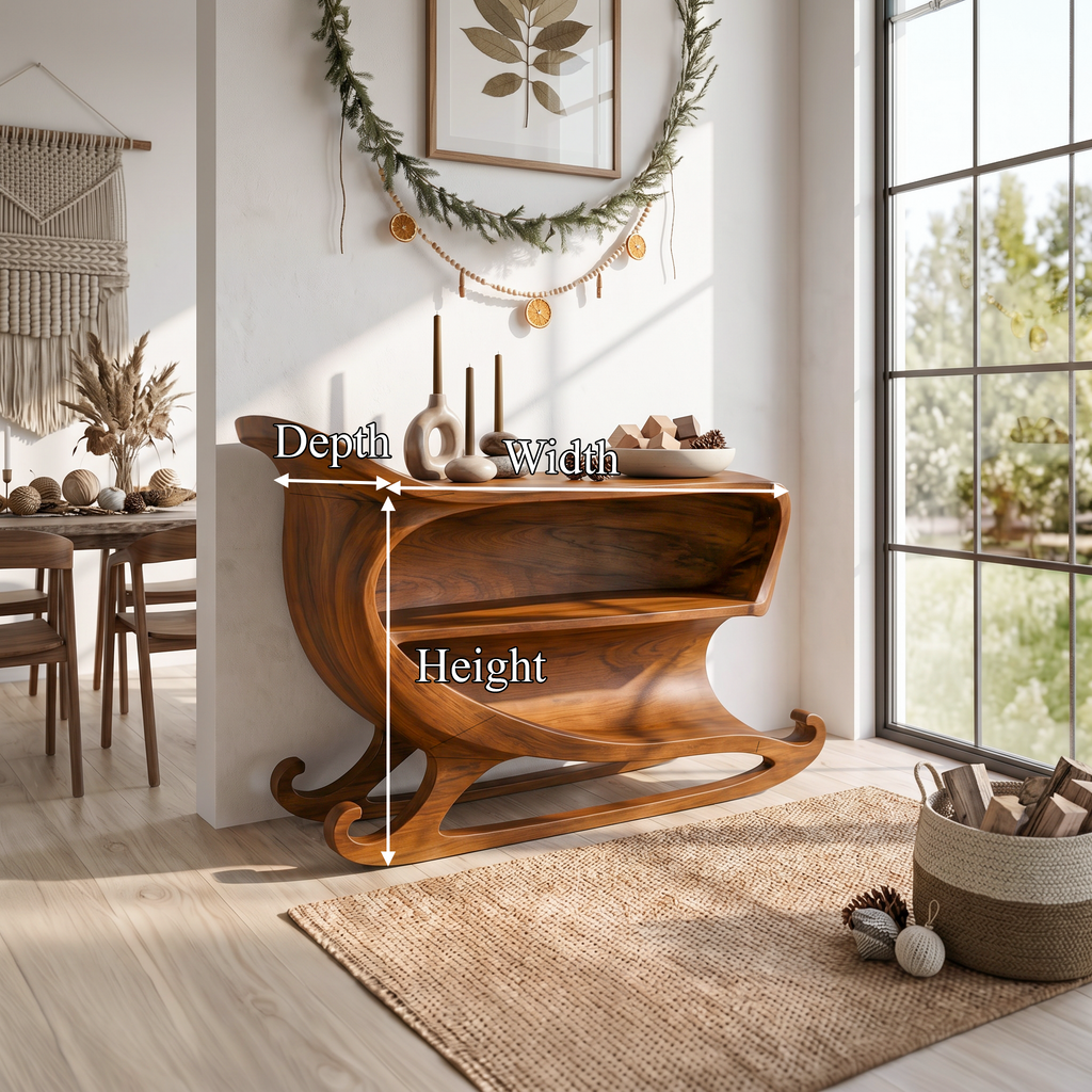 Farmhouse Christmas Console Table With Sleigh Inspired Scroll Design For Entryway And