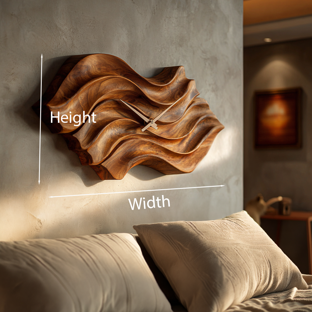 Modern Wooden Wall Clock, Organic Wavy Shape Solid Wood Quiet Timepiece