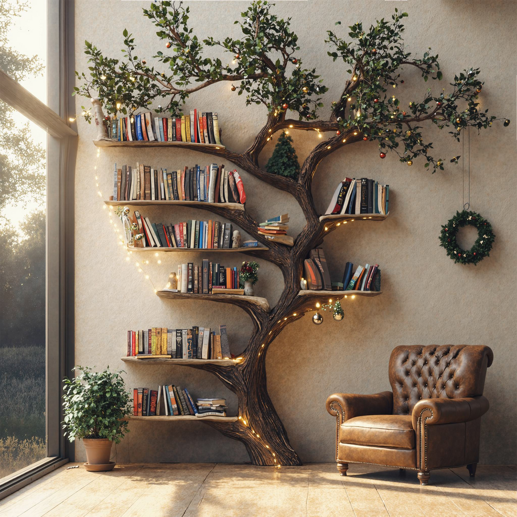 Black Tree Branch Bookshelf, Mid Century Wall-Mounted Floating Shelf