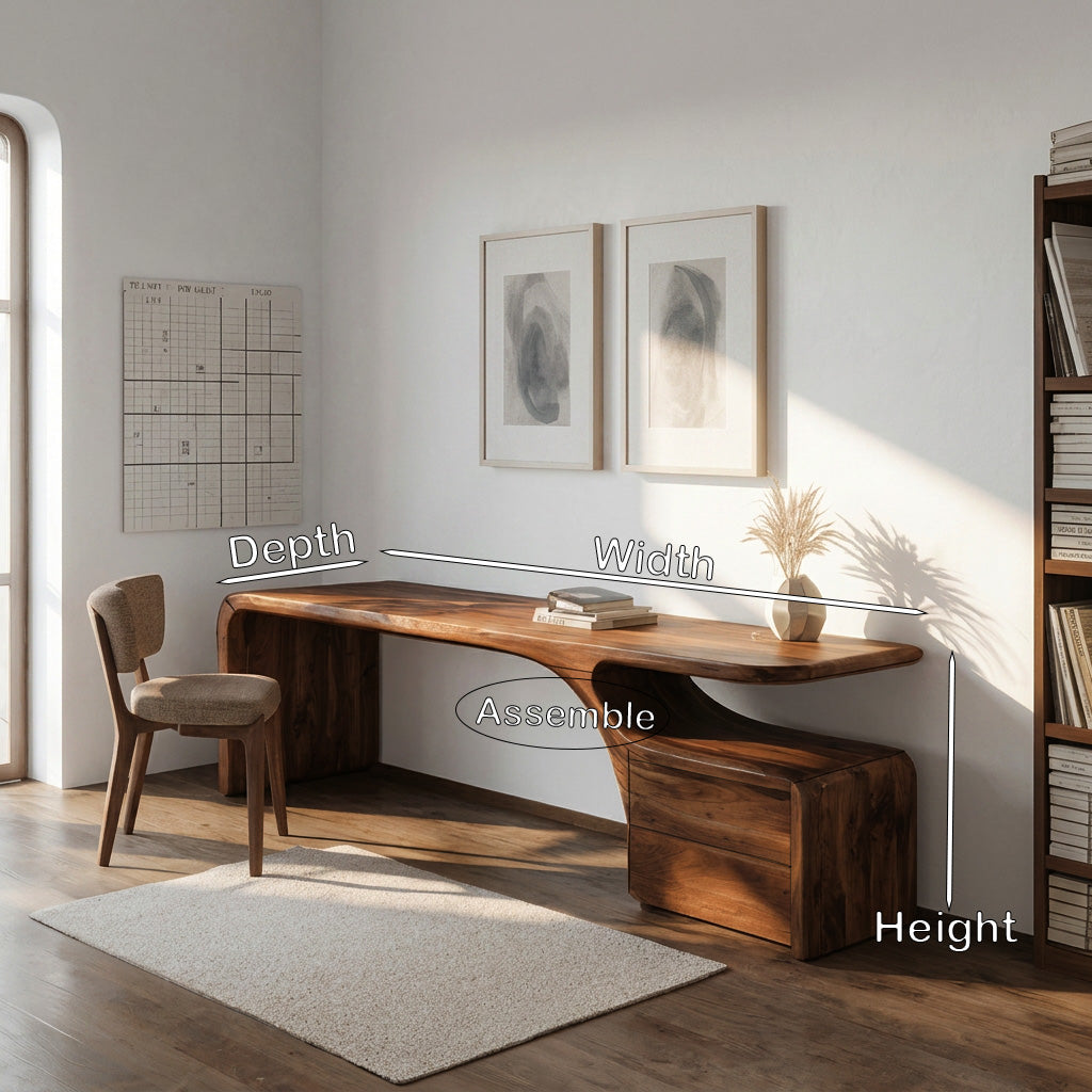Organic Wood Desk with Drawers, Curved Home Office Writing Table