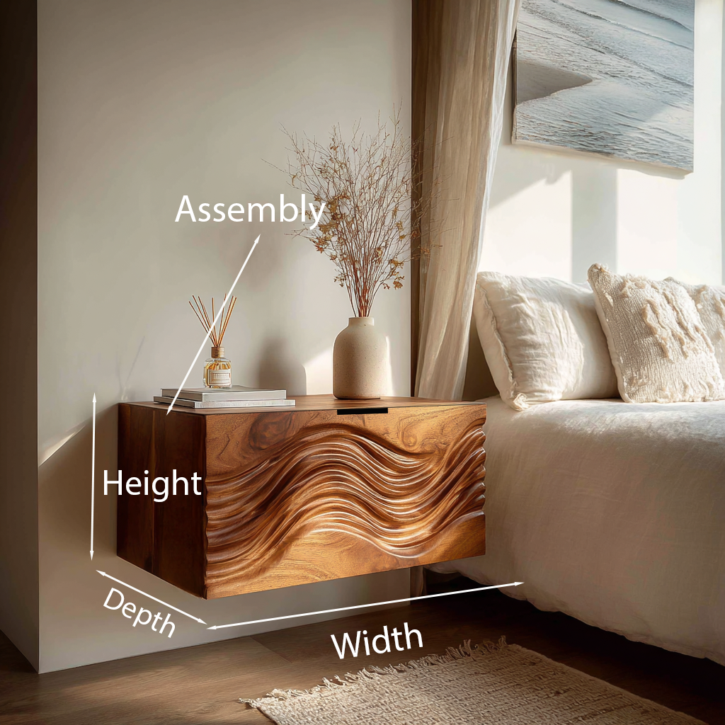 Modern Wooden Floating Nightstand With Wave Carved Drawer Front