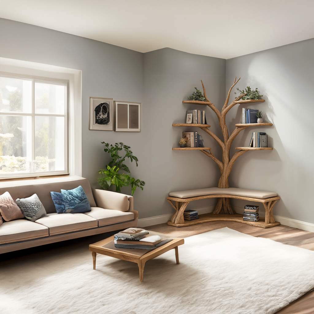Driftwood Branch Floating Bookshelf Hall Tree With Wood Bench