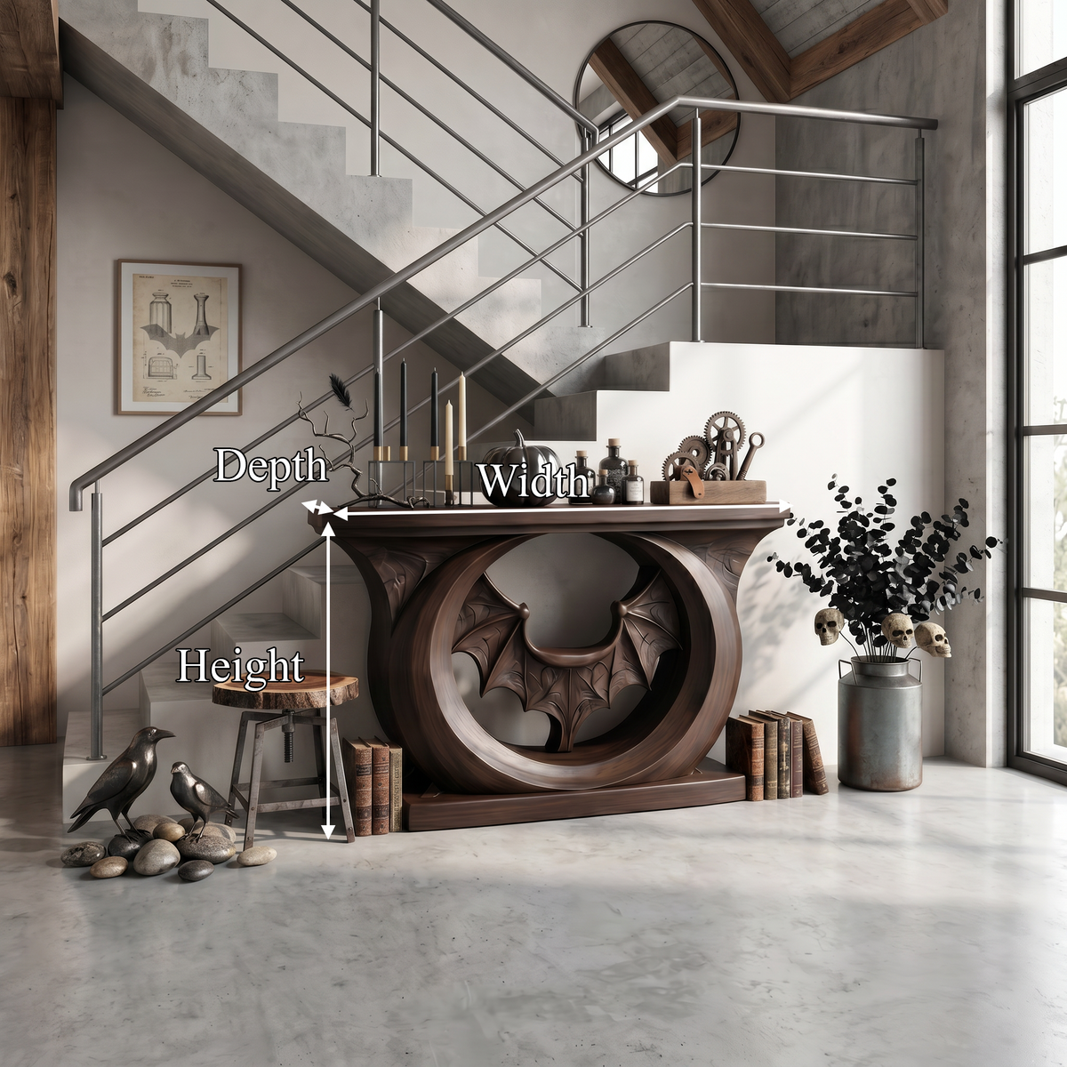 Contemporary Halloween Console Table With Sculptural Bat Design For Entryway And Living