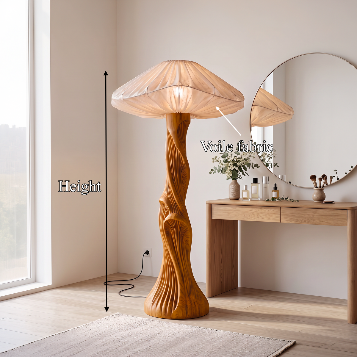Contemporary Floor Lamp Carved Wood Mushroom Shade Pedestal Lounge