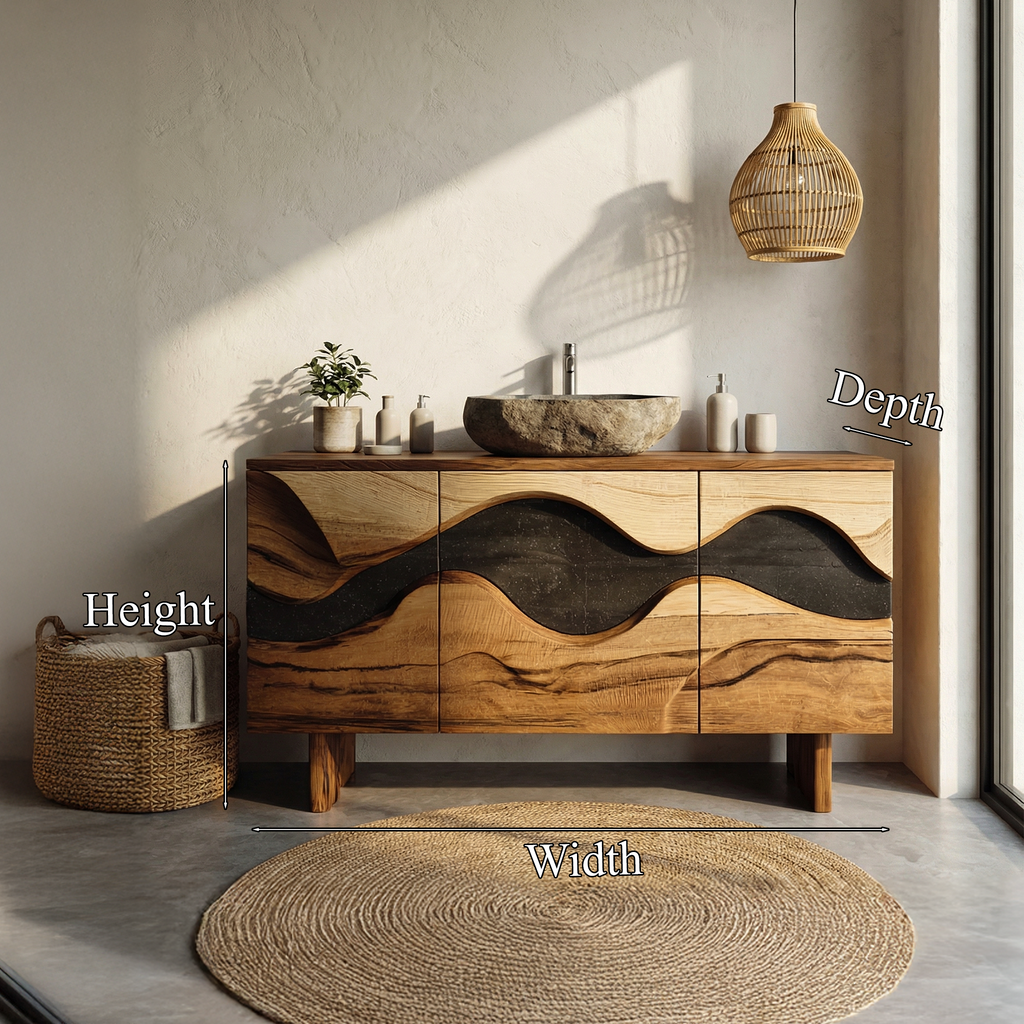 Bathroom Vanity Cabinet, Wave Front Sculptural Solid Wood Design