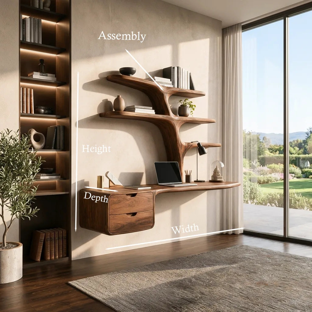 Contemporary Floating Desk Tree Form Bookshelf And Drawer For