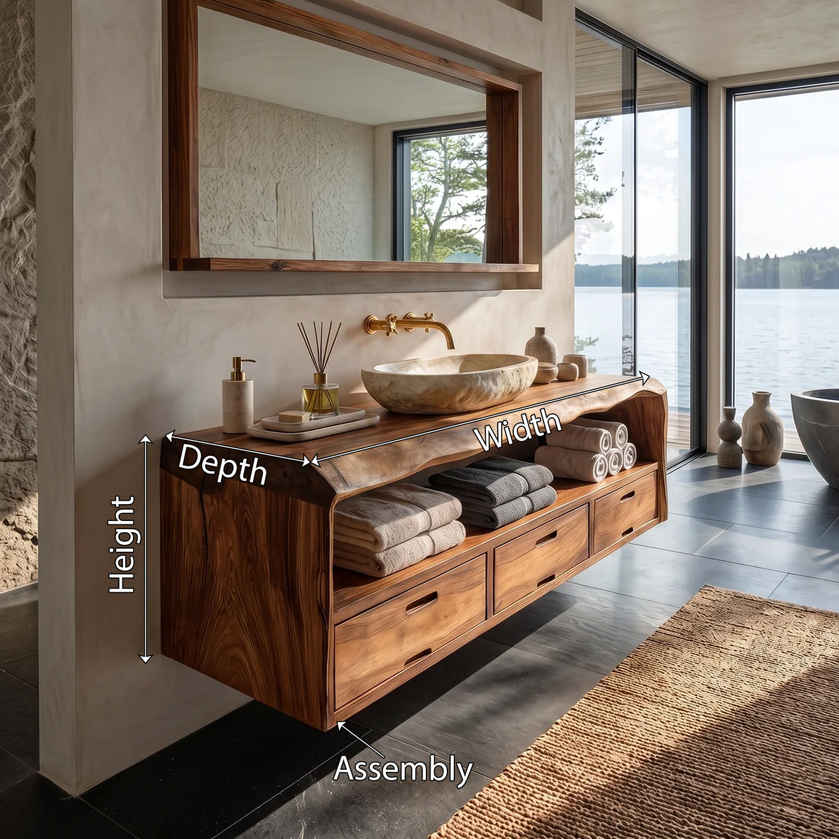 Farmhouse Floating Bathroom Vanity, Solid Natural Wood Wall Mount