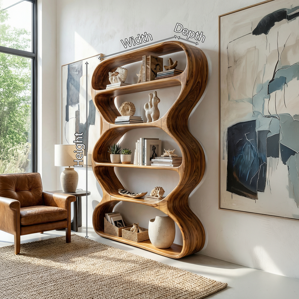 Contemporary Curved Wood Bookshelf, Handcrafted Artistic Solid Wooden Bookshelf and Floating Display Rack for Living Room Decor