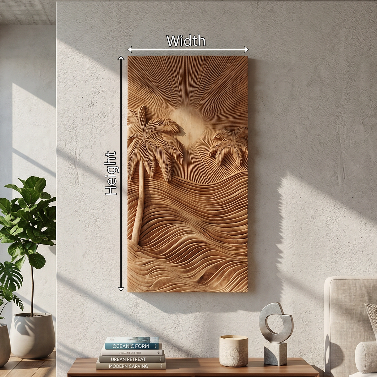 Handcrafted Tropical Wooden Wall Sculpture, Carved Palm Leaf Wood Wall Decor for Elegant Beach House Coastal Living Room