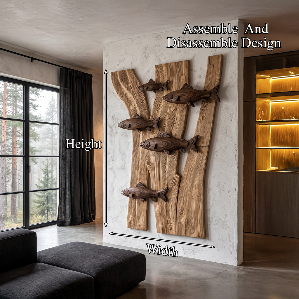 Contemporary Wooden Fish Wall Decor With Sculptural River Scene For Living Room And Entryway