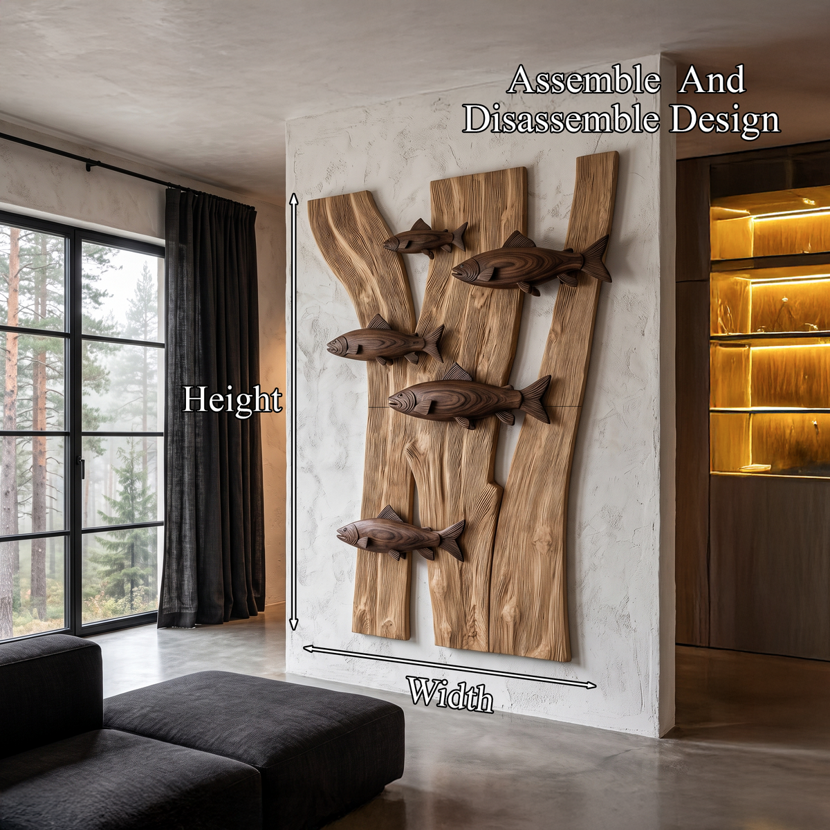 Contemporary Wooden Fish Wall Decor With Sculptural River Scene For Living Room And Entryway