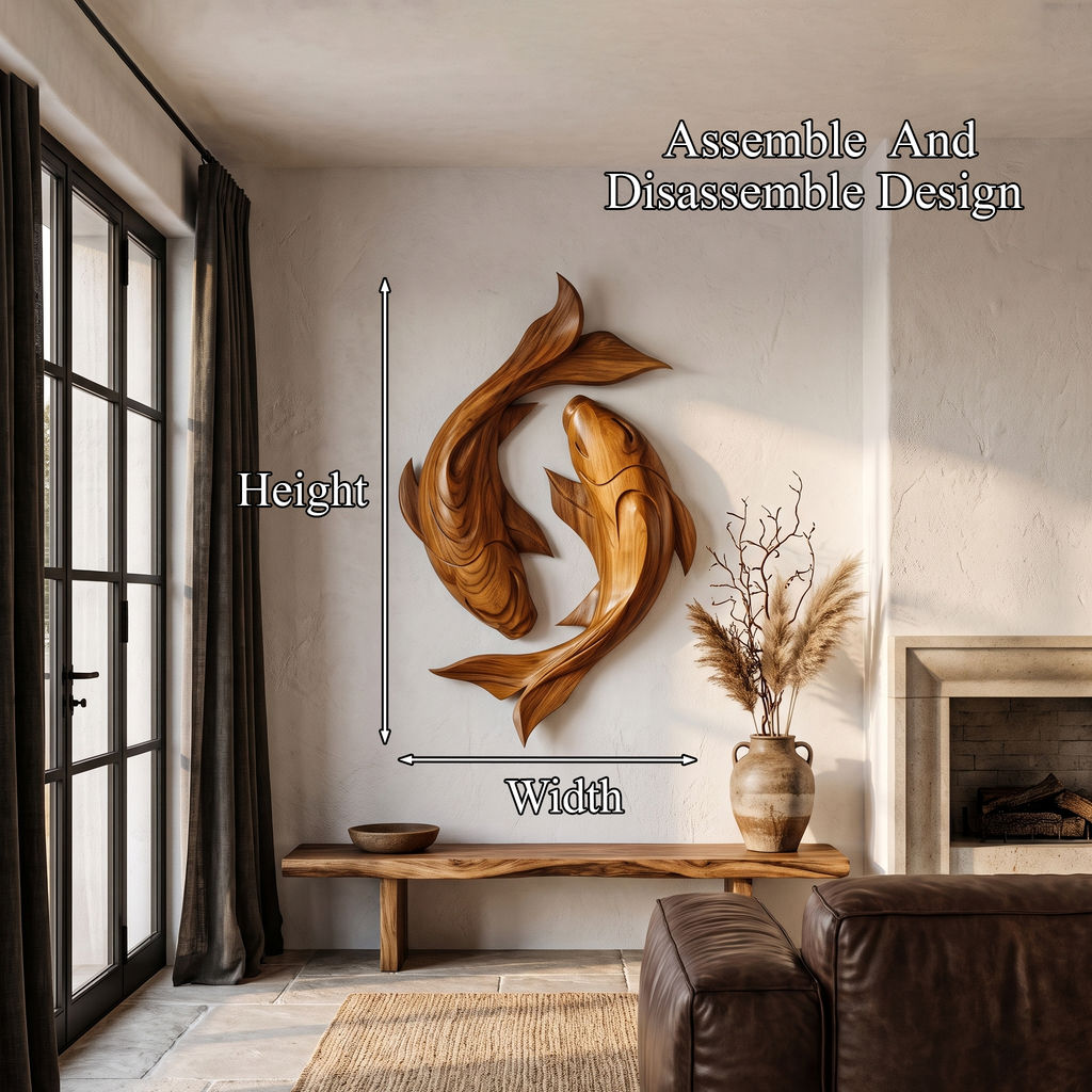 Contemporary Wood Wall Sculpture With Carved Koi Fish Design For Living Room And Office