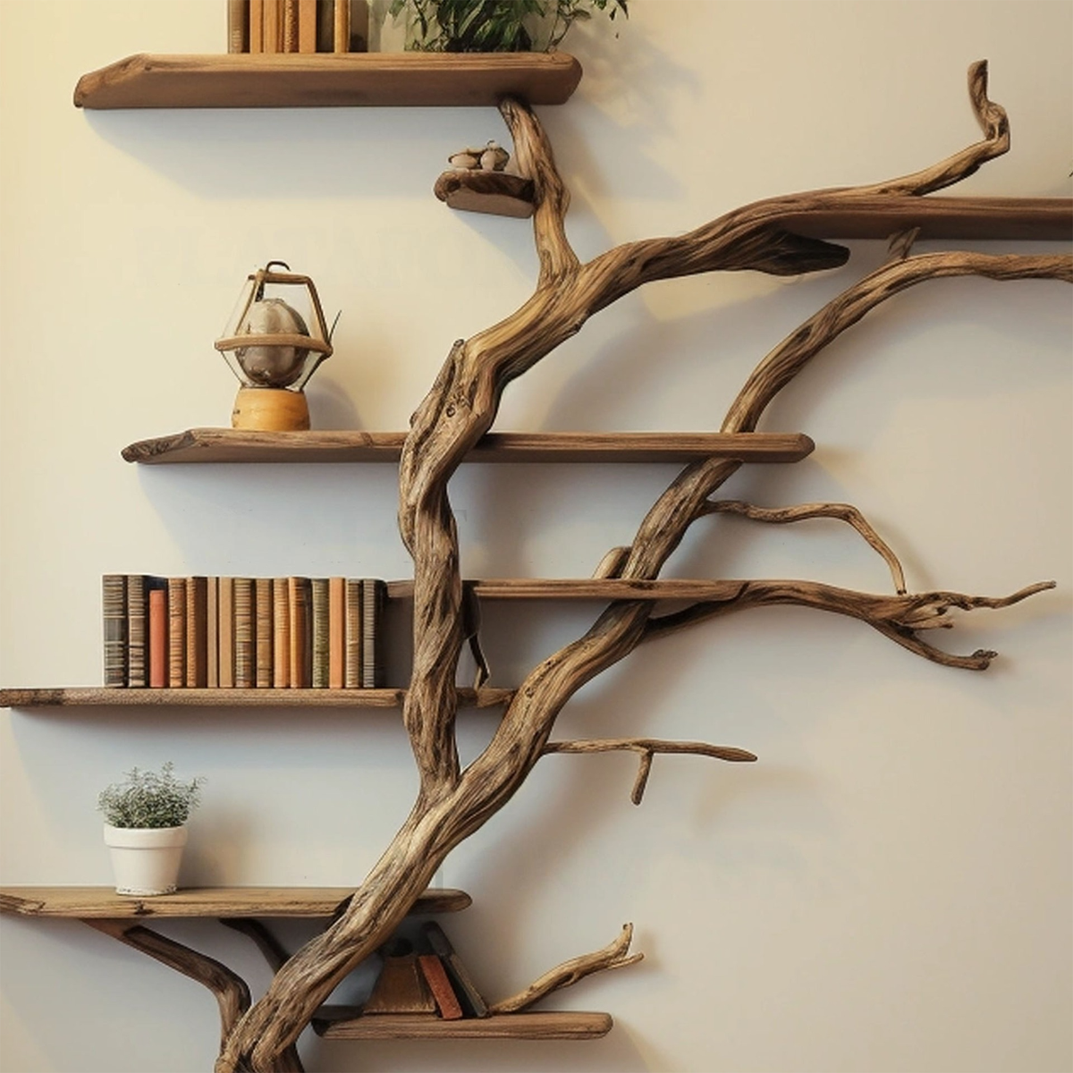 Tall Tree Shelf Wall Mount, Wild Mulberry Wood Bookcase in Dark Brown