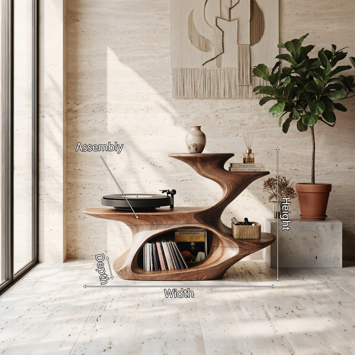 Live Edge Record Player Stand, Handcrafted Wood Vinyl Console