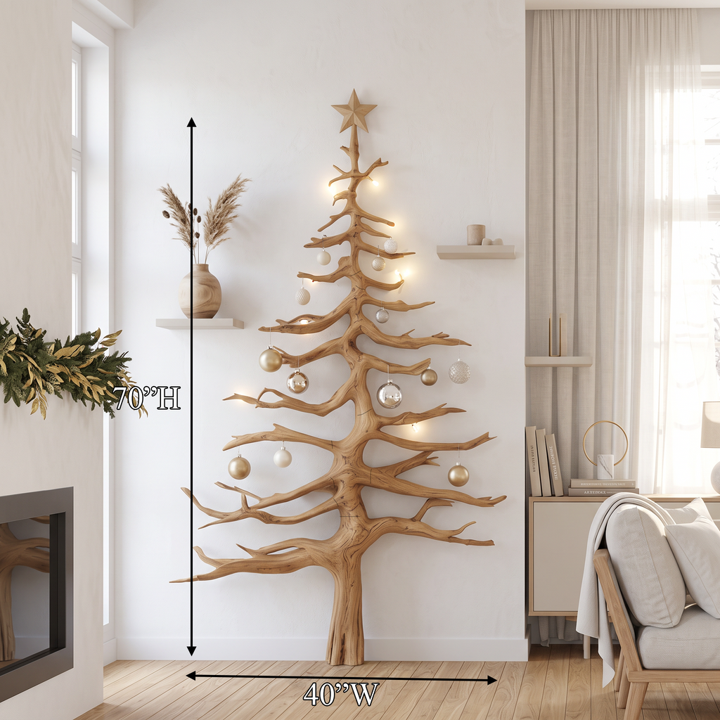 Christmas Tree Wall Decor, Rustic Solid Wood Tree Shelf