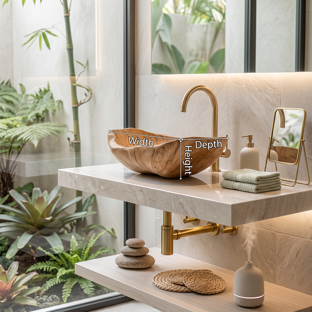 Wooden Vessel Sink, Mid Century Round Basin for Bathroom Vanity