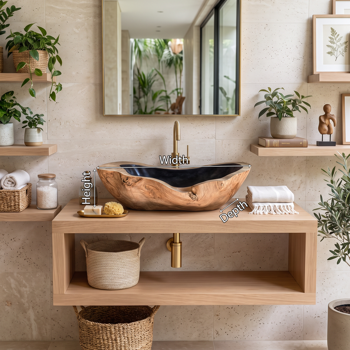 Wooden Vessel Sink, Rustic Solid Hardwood Bathroom Wash Basin