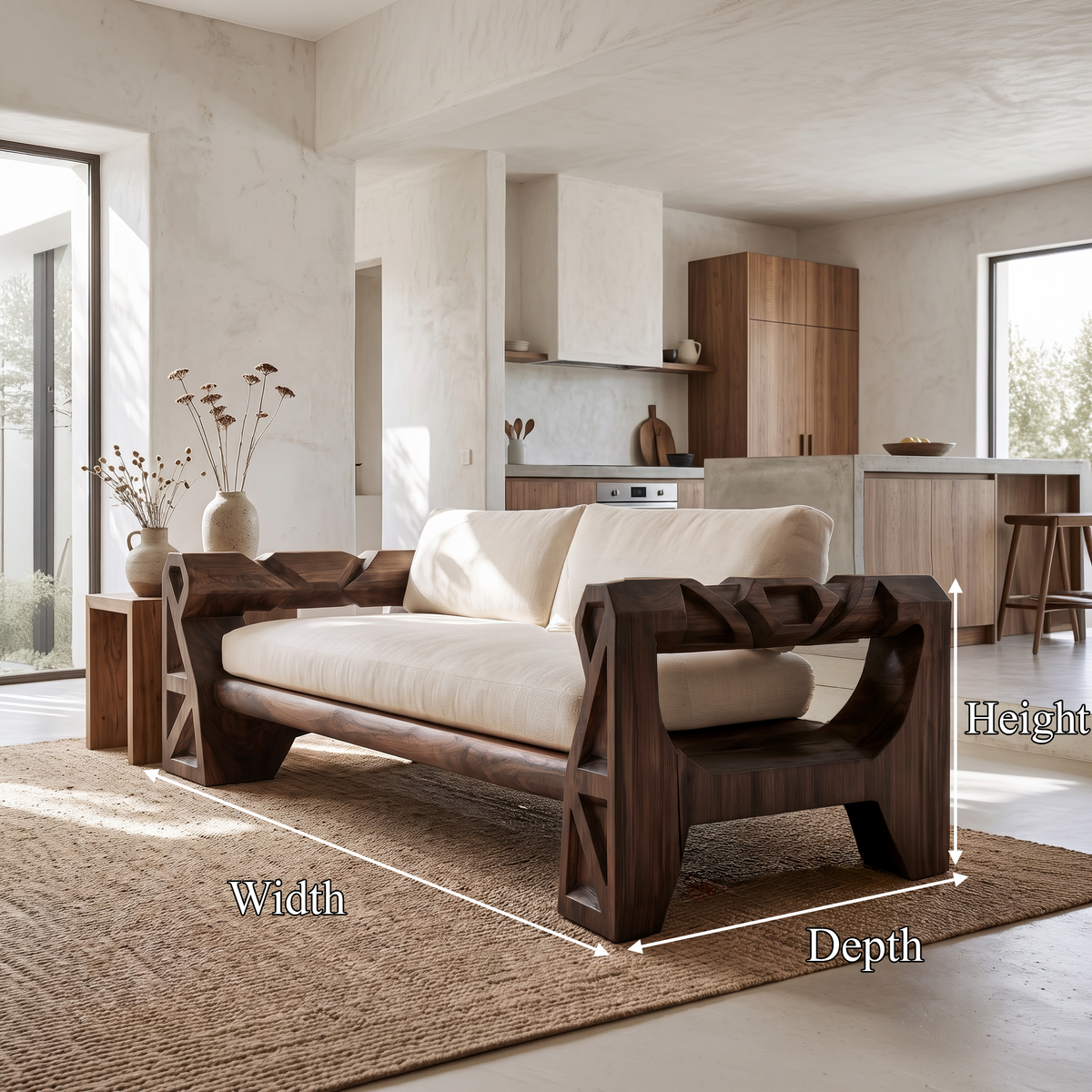 Handcrafted Sofa Frame With Sculptural Wood Armrests For Living Room