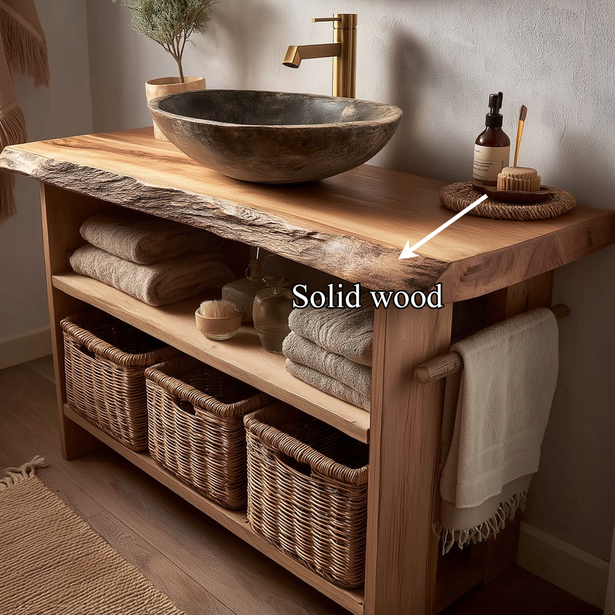 Rustic Bathroom Vanity with Open Storage, Live Edge Reclaimed Wood