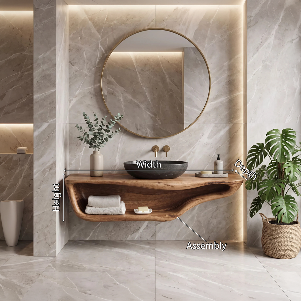Live Edge Bathroom Vanity, Handcrafted Floating Solid Wood Sink Shelf