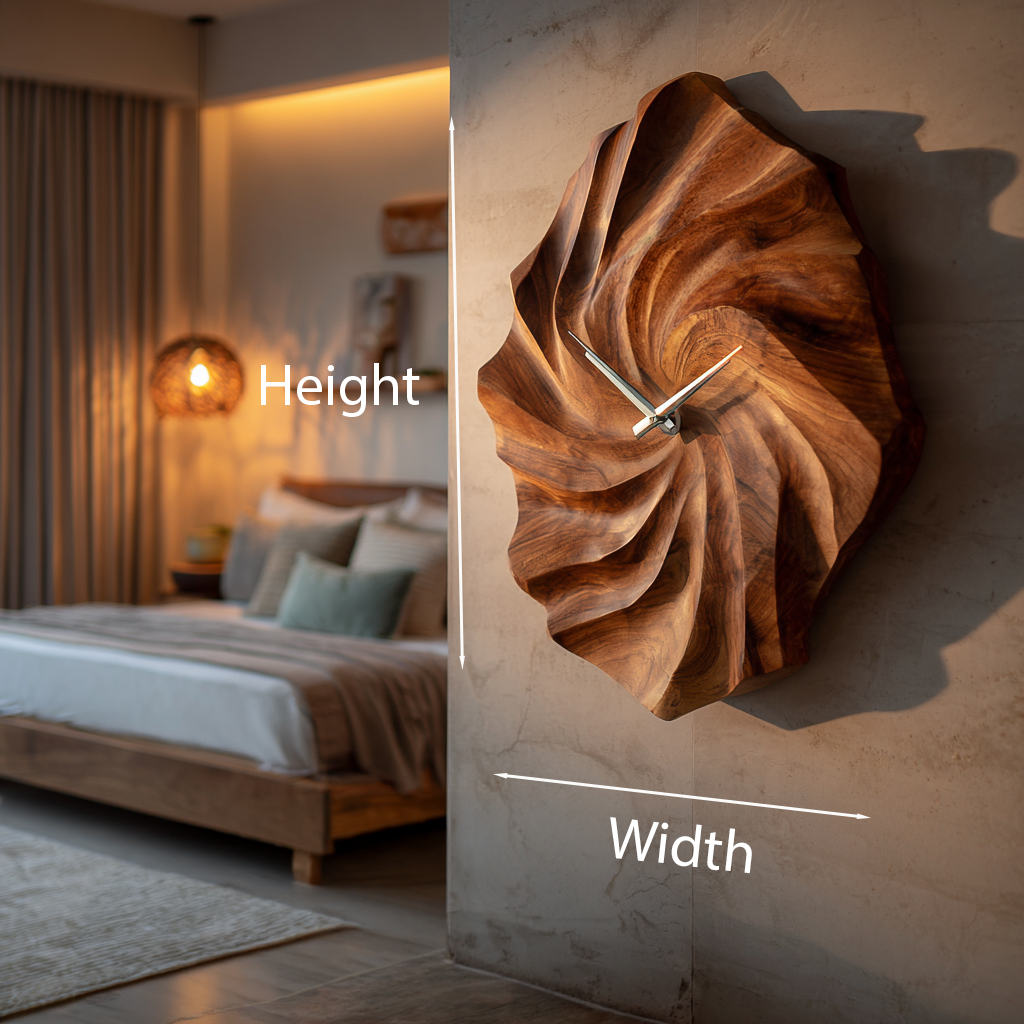 Artistic Wooden Wall Clock, Hand-Carved Ocean Wave 3D Wood Clock