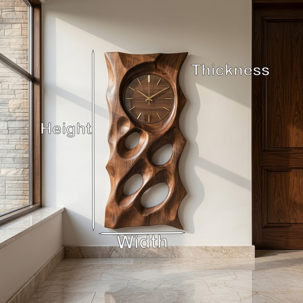 Modern Organic Wooden Wall Clock, 3D Hand-Carved Hollow Wood Hanging Clock